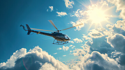A helicopter in a flight mode raised in heaven, leaving behind a white mark on a blue background - obrazy, fototapety, plakaty