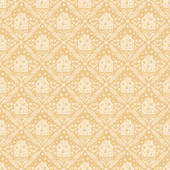 Hand drawn doodle cartoon houses and flower silhouette seamless pattern, cute house seamless texture