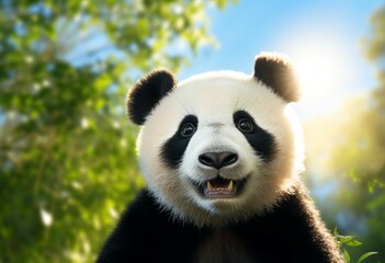 Fototapeta premium close up of Panda Bear in Reserve China. Panda looking at the viewer with mouth open. Endangered Species Animal Conservation. Generative ai