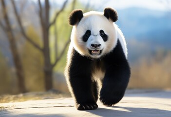 Obraz premium close up of Panda Bear in Reserve China. Panda looking at the viewer with mouth open. Endangered Species Animal Conservation. Generative ai