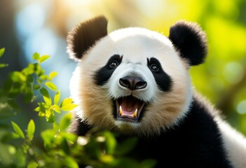 Obraz premium close up of Panda Bear in Reserve China. Panda looking at the viewer with mouth open. Endangered Species Animal Conservation. Generative ai