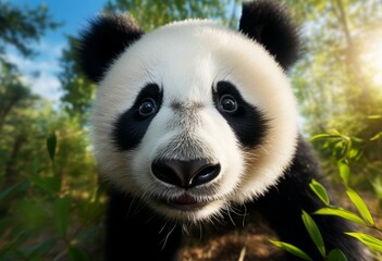 Fototapeta premium close up of Panda Bear in Reserve China. Panda looking at the viewer with mouth open. Endangered Species Animal Conservation. Generative ai