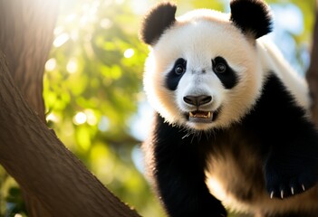 Fototapeta premium close up of Panda Bear in Reserve China. Panda looking at the viewer with mouth open. Endangered Species Animal Conservation. Generative ai