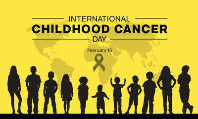 International Childhood Cancer Day design. It features silhouette of children and a yellow golden ribbon. Yellow background with world map. Vector illustration. 