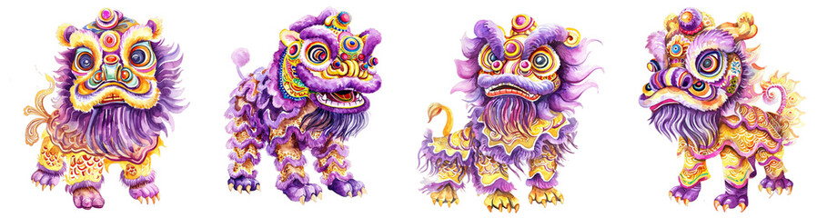Watercolor Lion dance, Chinese New Year background. 