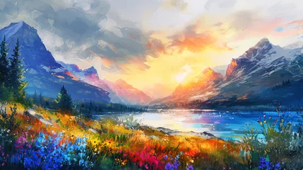 Foto op Canvas Magic watercolor, where mountains emit light in soft sunset light, surrounded by colored herbs © JVLMediaUHD