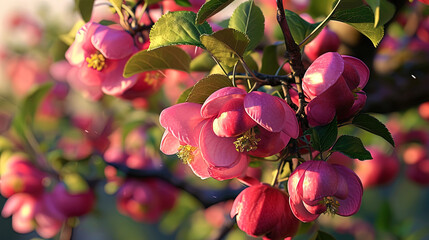 Spring apples on trees, like pink diamonds, ready to decorate branches - obrazy, fototapety, plakaty