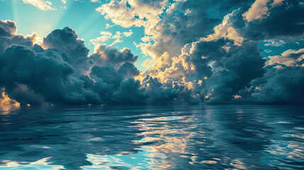 An abstract image with a reflection of the sky and clouds in water, creating a mystical atmosphere