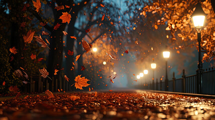 Autumn evening with streets lights flickering through a falling leaf fall