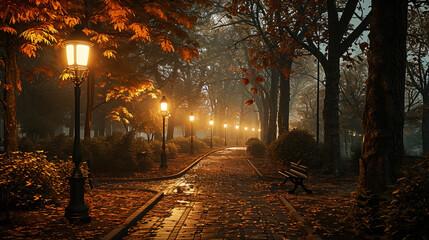 Fototapeta premium Autumn lanterns lighting paths in the park, and crimson leaves on the alleys