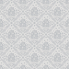 Hand drawn doodle cartoon houses and flower silhouette seamless pattern, cute house seamless texture