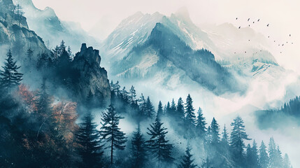 A transparent watercolor picture depicting mountain peaks among a foggy morning, when nature wakes