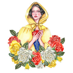 Composition with girl with dark hair in yellow raincoat with apple in her hands and flowers. Hand drawn watercolor illustration based on fairy tale. Can be used for poster, t-shirt printing, post card