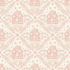 Hand drawn doodle cartoon houses and flower silhouette seamless pattern, cute house seamless texture