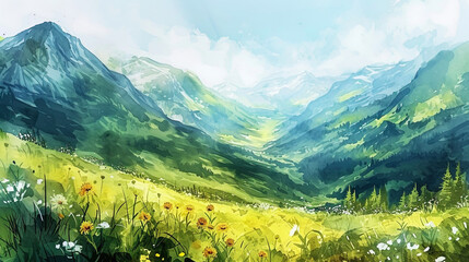 Cool and refreshing watercolor depicting high mountains covered with summer meadows and valleys