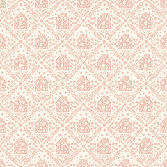 Hand drawn doodle cartoon houses and flower silhouette seamless pattern, cute house seamless texture
