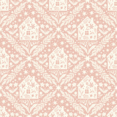 Hand drawn doodle cartoon houses and flower silhouette seamless pattern, cute house seamless texture