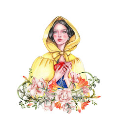 Composition with girl with dark hair in yellow raincoat with apple in her hands and flowers. Hand drawn watercolor illustration based on fairy tale. Can be used for poster, t-shirt printing, post card