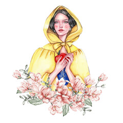 Composition with girl with dark hair in yellow raincoat with apple in her hands and flowers. Hand drawn watercolor illustration based on fairy tale. Can be used for poster, t-shirt printing, post card