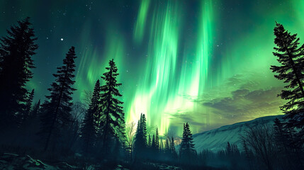 Naklejka premium The amazing image of the northern lights, a green glow dancing in the upper layers of the atmosphe