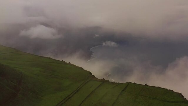 Aerial view of a mountain ridge with low clouds at Pico Malpaso, El Hierro Island, Canary Islands, Spain.