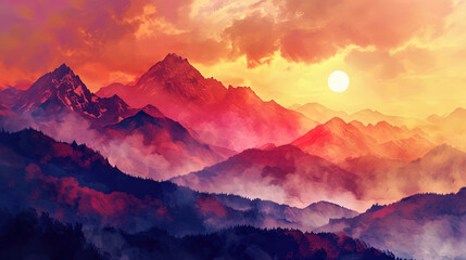 Transparent watercolor, where mountains against a bright sunset create a mystical atmosphere