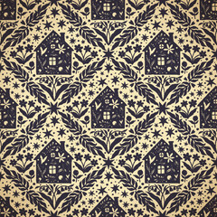 Hand drawn doodle cartoon houses and flower silhouette seamless pattern, cute house seamless texture