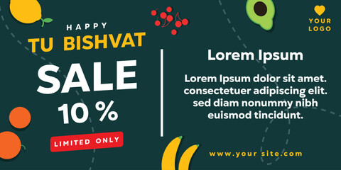 Happy Tu Bishvat. Vector illustration happy Tu Bishvat sale. Discount 10% with dark green background, suitable for banner, card, poster and more.