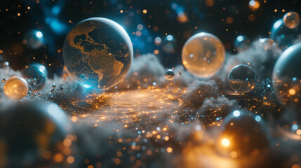 Ein Hintergrundbild mit der Erde und dem Universum in der Größe eines Spielzeuges - obrazy, fototapety, plakaty