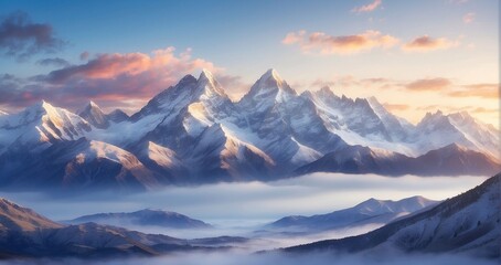 The grandeur of a mountain range at sunrise, with the first light of day illuminating snow-capped peaks, valleys filled with mist, and a sense of awe-inspiring tranquility - Generative AI