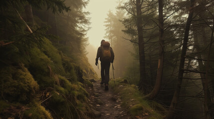 Der Mann ist ein Wanderer und geht seinen Weg durch den Wald