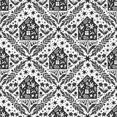 Hand drawn doodle cartoon houses and flower silhouette seamless pattern, cute house seamless texture