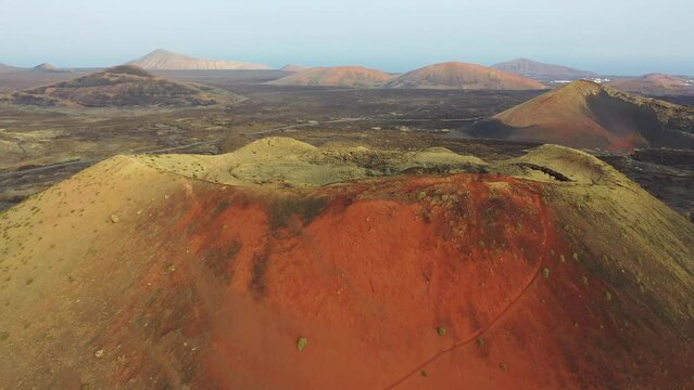 Aerial view of a volcano in Lanzarote, Canary Islands, Spain.