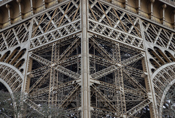 Architectural detail design of the famous Eiffel Tower iron structure. Close-up of the framework of the Eiffel Tower in Paris, France, Space for text, Selective focus.