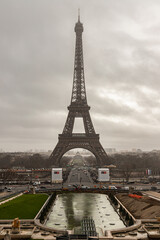 Obraz premium Nice scenery of Eiffel Tower with sky background in Paris. View from Trocadero view point at evening, Destinations in Europe. Space for text, Selective focus.
