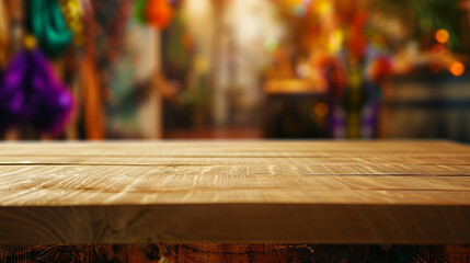 empty wooden oak beige table top and blur of room on a blur mardi gras day decoration background. - obrazy, fototapety, plakaty