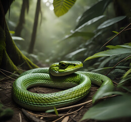 Fototapeta premium Black snake with white ring in the dark, mangrove snake, Agressive snake face close up. A python rests in the coils of a tree, its serpentine grace and mesmerizing patterns captivating generative Ai