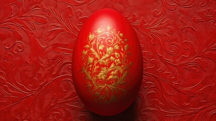  a red and gold decorated egg sitting on top of a red velvet covered table next to a red and gold wall.