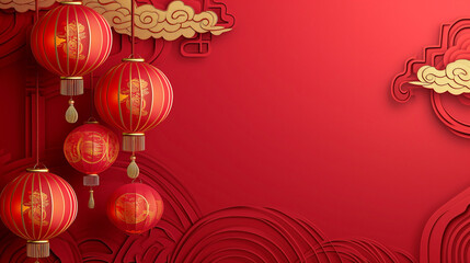 Fototapeta na wymiar Chinese New Year 2024. Red background with Chinese Lanterns, Clouds, and Flowers