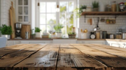 Wooden table on blurred kitchen bench background, Advertisement, Print media, Illustration, Banner, for website, copy space, for word, template, presentation