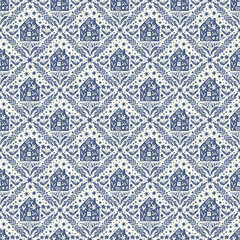 Hand drawn doodle cartoon houses and flower silhouette seamless pattern, cute house seamless texture