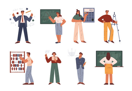 People make mathematical calculations, formulas, equations and graph with mathematician and geometric tools vector set