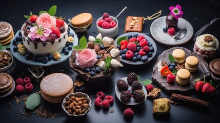Naklejka premium a variety of desserts and pastries are arranged on a black surface, including cakes, muffins, strawberries, raspberries, raspberries, and more.