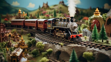  a model of a train on a train track with trees and buildings on the other side of the track and a mountain in the background. - obrazy, fototapety, plakaty