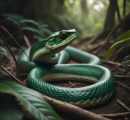 Fototapeta premium Black snake with white ring in the dark, mangrove snake, Agressive snake face close up. A python rests in the coils of a tree, its serpentine grace and mesmerizing patterns captivating generative Ai