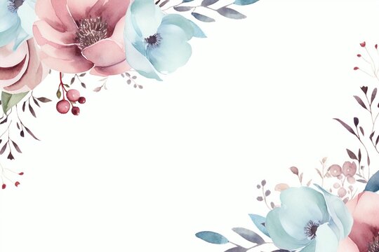 Watercolor frame with different  pink and blue flowers plants and flowers. Illustration for design, space for text. Invitation, template