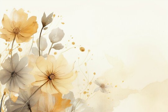 Watercolor frame with different beige flowers plants and flowers. Illustration for design, space for text. Invitation, template