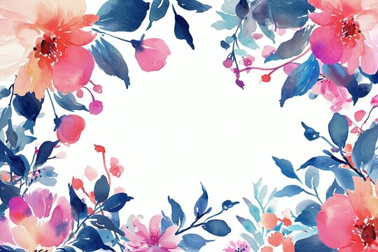 Watercolor frame with different pink flowers plants and flowers.Summer Illustration for design, space for text. Invitation, template
