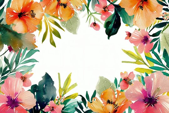 Watercolor frame with different flowers plants and flowers. Illustration for design, space for text. Invitation, template