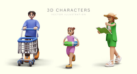 3D vector characters of different ages and genders. Man with empty shopping cart, girl with inflatable ring, woman in sun hat with map. People in action